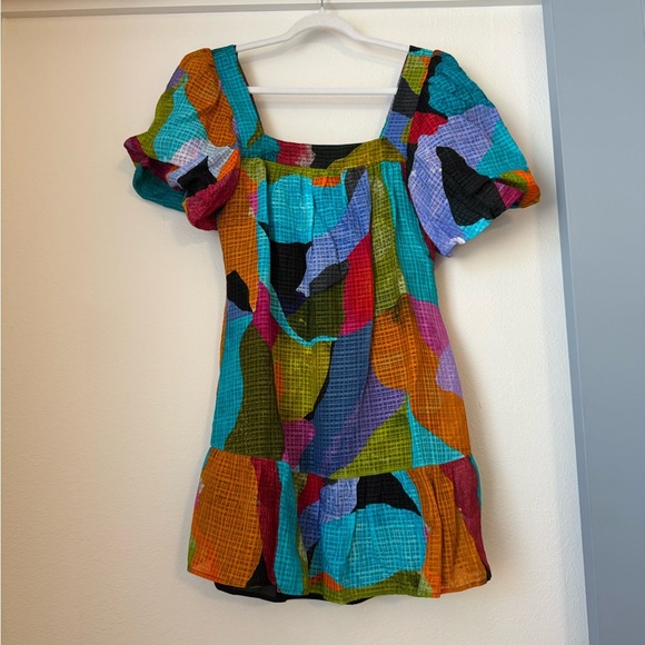 Marie Oliver Kaylee Puff-Sleeve Colorful Jewel Linen Silk Shift Dress- XS - Picture 4 of 10